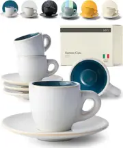3 Oz Espresso Cups Set of 4 - Thick-Walled Stoneware Blue Espresso Mugs