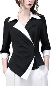 [Generic] Women Asymmetrical Contrast Color Lapel Collar Shirt Tops Slim Spring Summer Half Sleeve Office Blouses