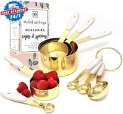 White & Gold Measuring Cups and Spoons Set - Cute 8PC Stainless Steel with Silic