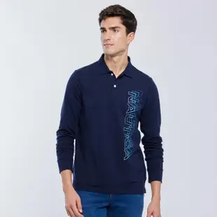 【NAUTICA】男裝 品牌文字LOGO漸變印花長袖POLO衫(藍)