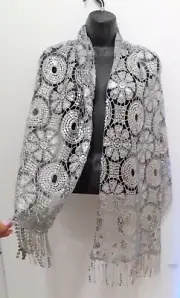 Swirl Silver Paisley Fringe Sequin Shiny Scarf Shawl Wrap Wedding Cocktail Party