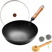 11-Inch Carbon Steel Wok with Wooden Handle & Glass Lid - Non-Stick Round Bottom
