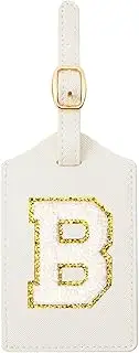 CHOIEO Initial Luggage Tag, PU Leather Luggage Tag, Embroidered Luggage Tag, Letter Luggage Tag, Monogrammed Luggage Tag, Luggage Tag for Baggage Bag Suitcase (B, White Leather+White Letter)