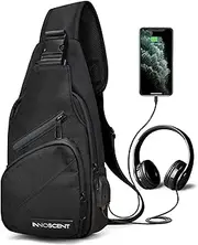 [INNOSCENT] Smell Proof Sling Bag Backpack - COMBINATION LOCK - Shoulder Crossbody Bag With USB/Headphone Charging Port Black