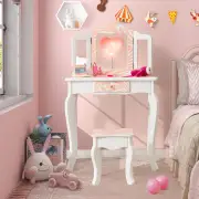 CostwayKids Vanity Set with Tri-folding Mirror, Drawer and Stool -Pink-Zebra- stripe Print