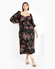 NEW City Chic Ladies Black Floral Blake Print Midi Dress Plus Size S 16 #U36