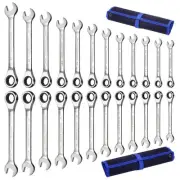 24pcs Ratcheting Wrench Set with Rollup Pouches Metric (8mm to 19mm) & SAE (1...