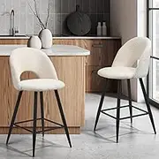 Oikiture Bar Stool Set of 2, Kitchen Counter Barstools Dining Chair Sherpa Boucle Fabric Upholstered Backrest in 59cm Seat Height Floor for Outdoor Indoor Home Bar Dining Room Cafe, White