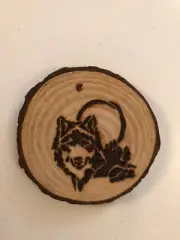 2.5” Hand Burned Pyrography Ornament “Wolf And Moon”