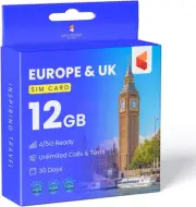Europe UK Travel SIM Card (12GB, 30 Days) - Prepaid SIM W/Data & Unlimited SMS &
