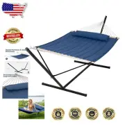 Navy 2-Person Hammock Set with 15ft Stand - Cozy Quilted Fabric and Head Pillow