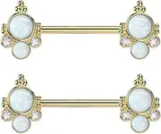 [Pierced Owl] 14GA 316L Stainless Steel Double Opalite with CZ Crystals Ends Nipple Barbells, Sold as a Pair