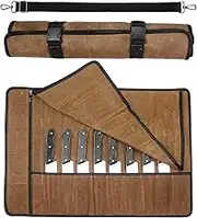 Large Tool Pouch, Chef's Knife Bag, Heavy Duty Waxed Canvas Knife Roll, Portable Travel Tool Roll Pouch with 11Pockets for Meat Cleaver, Knife Sharpener GJB445 27.5" x 18.8" Khaki