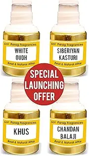 Parag Fragrances White Oudh, Siberiyan Kasturi, Khus, Chandan Balaji Attar Each 5ml (Launching Offer Pack) (Alcohol Free Long Lasting Attar For Men or Religious Use)