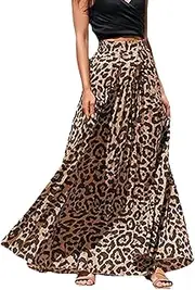 [EMOTTOS] Women Maxi Skirts Summer, Leopard Print Boho Skirt Slim Fit High Waist, Bohemian Vintage Beach Vacation Stretch Fabrics, Long Skirt A Line Flowy Swing Casual Elegant, Brown, S-XL