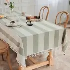 Tassel Cotton Linen Tablecloth for Rectangle Table, Striped Sage Green