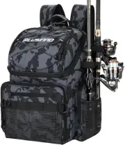 PLUSINNO Fishing Backpack with Rod Holders & Cooler, 45L Large Water-Resistant