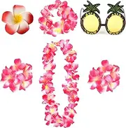 5-Piece Women's Hawaii Outfit with Flower Wreath, Flower Hair Band, Flower Bracelet, Flower Head & Pineapple Sunglasses - Perfect for Beach Parties, Summer Parties & Carnival