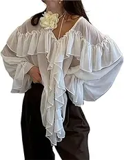 [Generic] Women's Chiffon Ruffle Shirts White Loose V-Neck Lantern Sleeve See Through Blouses 2025 Spring Summer