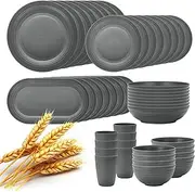 Lazycorner 48-Pcs Kitchen Wheat Straw Dinnerware Set, Service for 8, Plastic Reuasble Dinner Dishes Serving Plate Set for Kitchen, Including Dinner Plate, Dessert Plates, Bowl, Cup(Grey)