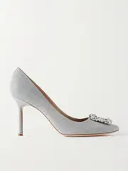 [Manolo Blahnik] Manolo Blahnik - Hangisi 90 Crystal-embellished Glittered Satin Pumps - Silver - IT38.5 IT 38.5 Silver