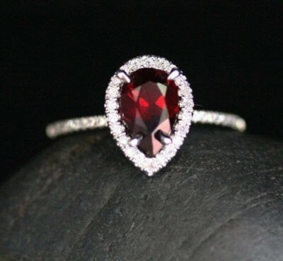 2.00Ct Pear Cut Simulated Ruby Women's Halo Ring 14K White Gold Plated