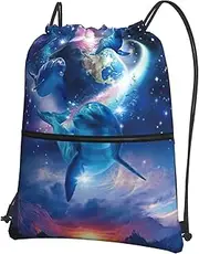 EdWal Olphins In Space Print Drawstring Backpack Gym Bags Sports Bags With Zipper Pocket For Travel Beach, Black, One Size