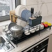 Trusthere Dish Drying Rack with Drain Board, 360degree Swivel Spout Dish Rack, Rustproof Aluminum Drainboard Set with Removable Utensil, Cup Holder for Kitchen Black