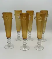 Vintage Hand Blown Amber Glass Champagne Flutes Applied Glass Medallions 6 Each