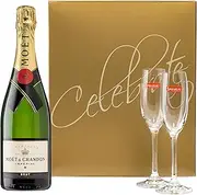 Moët & Chandon Brut Champagne - Gift Pack - Spiegelau Champagne Flutes - Black Gloss Gift Box - Gold Celebrate Lid