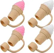Luxshiny 4pcs Straw Cover Cap Silicone Straw Tips Cover Ice Cream Cone Shape Drinking Straws Tips Cover Silicone Reusable Straw Topper
