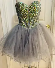 SHERRI HILL Rhinestone Strapless Bustier Corset Tulle Dress Silver NWT Size 10