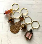 5 Pcs Knitting Stitch Markers Lampwork Glass Beads Autumn Orange Brown Handmade