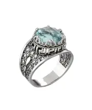 Meander Pattern Filigree Art Aquamarine Gemstone Women Silver Cocktail Rin 551
