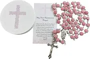 [Westmon Works] First Communion Rosary Set for Girls with Pink Rose Shaped Bead Case and Holy Card, Metal