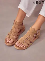 Sand Brown Standard/Wide Fit Forever Comfort® Leather Gladiator Sandals (Q82390) | $84