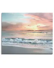Stupell Industries Morning Sunrise Beach Landscape Distant Mountains Rolling Tide Stretched Canvas Wall Art by Mike Calascibetta
