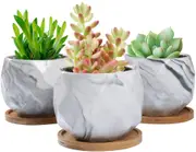 3.2 inch Marble Ceramic Succulent Planter Pot Modern Cute Small Cactus Herb Flower Planters with Bamboo Tray Set of 3