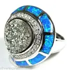 Large Titanium Druzy & Blue Fire Opal Inlay 925 Sterling Silver Ring size 8