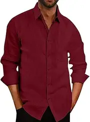 [HongYunoH] Men's Solid Color Linen Shirts Fashion Simple Lapel Long Sleeve Pocket Shirts Loose Plus Size Shirts