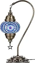 DEMMEX Turkish Moroccan Mosaic Table Lamp, Colorful Mosaic Glasses Boho Gooseneck Table Desk Bedside Night Accent Lamp Lampshade, Antique Brass Color Decorated Metal Body, Handmade, Blue