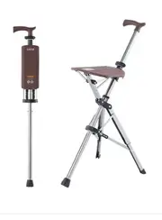 High Quality Aluminum Alloy Foldable Walking Cane Stick With Seat Adjustable Elderly Crutch Chair With Stool Brown