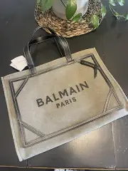 BALMAIN B-Army 42 Khaki & Black Canvas Tote Bag with Leather Details NWT