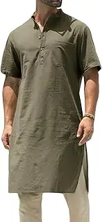 [Gafeng] Mens Kurta Cotton Linen Henley Shirts Kaftan Short Sleeve Lounge Plain Gown Shirt