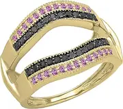 [Dazzlingrock Collection] 10K Gold Round Pink Sapphire & Black Diamond Ladies Double Row Wedding Band Millgrain Guard Double Ring