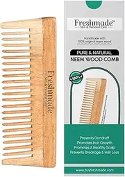 Freshmade Pure Neem Wood Comb for Hair Growth, Frizz, Hairfall, Dandruff Control, Hair Straightening and Detangling - With Extra Grip and Wide Tooth - for Men and Women
