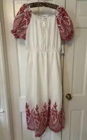 NWT Kindred Antropolgy Women's White Red Embroidered Peasant Blouson Dress Sz XL