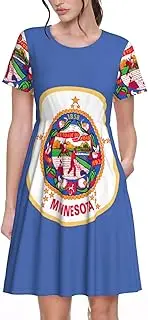 [EdWal] Minnesota State Flag Print Womens Sundress Summer Floral Short Sleeve Wrap Round Neck A-Line Midi Dress Summer