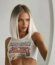 vedar Ombre Brown Platinum Blonde Short Wigs for Women, Synthetic Hair Short Bob Blonde Wig with Baby Hair, Ombre Brown Wig 14 inch VEDAR-036-12