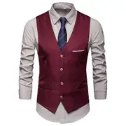 Rhafayre Men's Solid Formal Buttons Vest With Pockets Business Office V Neck Sleeveless Blazer Waistcoat Claret 2XL